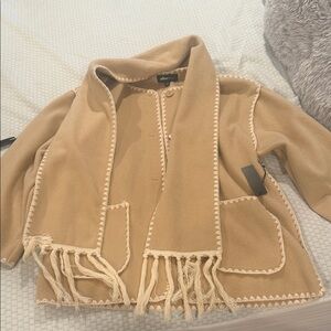 Tan Fringe Cardigan with Cream Trim